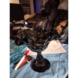 Compote Pedestal Bowl Fenton Thumbprint Black Glass Ruffled Edge